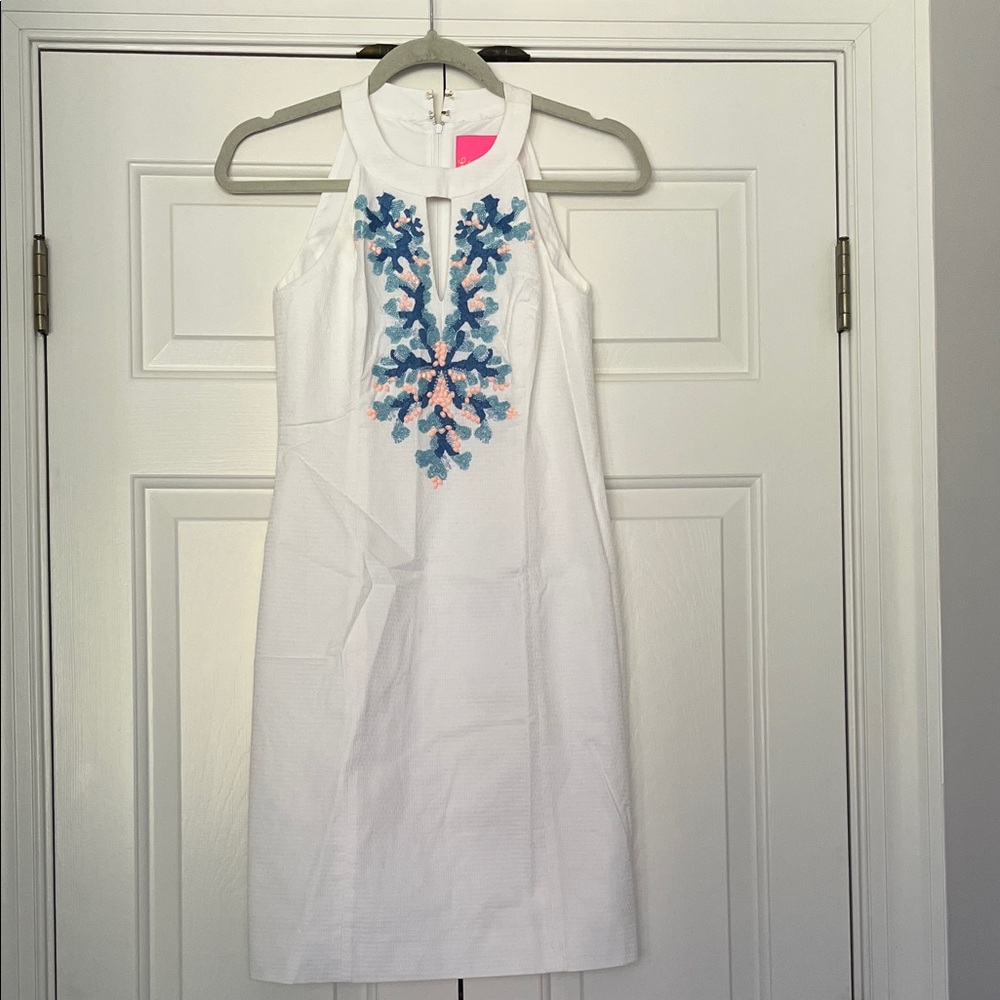 Lilly Pulitzer White Dress with Blue and Pink Embroidery